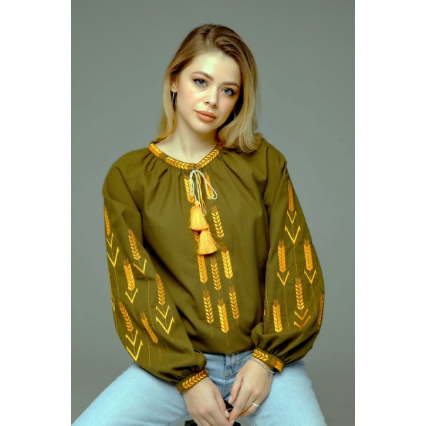 Вишиванка жіноча кольору хакі з вишитими колосками Золоті лани