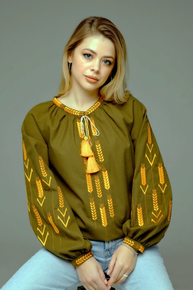 Вишиванка жіноча кольору хакі з вишитими колосками Золоті лани