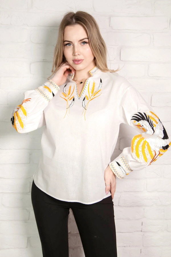 Women's white embroidered shirt "Inspired Land" with ears of wheat and birds on the sleeves, XXL 