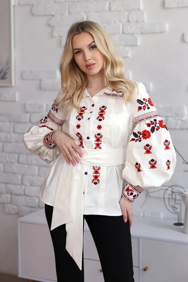Women's embroidered shirt "Yavorivna" in milk color with red 