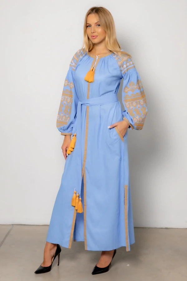 Сукня довга Злата, блакитна з жовтою вишивкою, XL