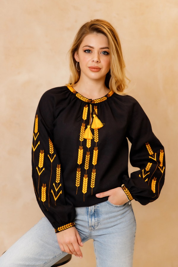 Women's embroidered shirt with wheat ears "Golden Fields" in black color, XL