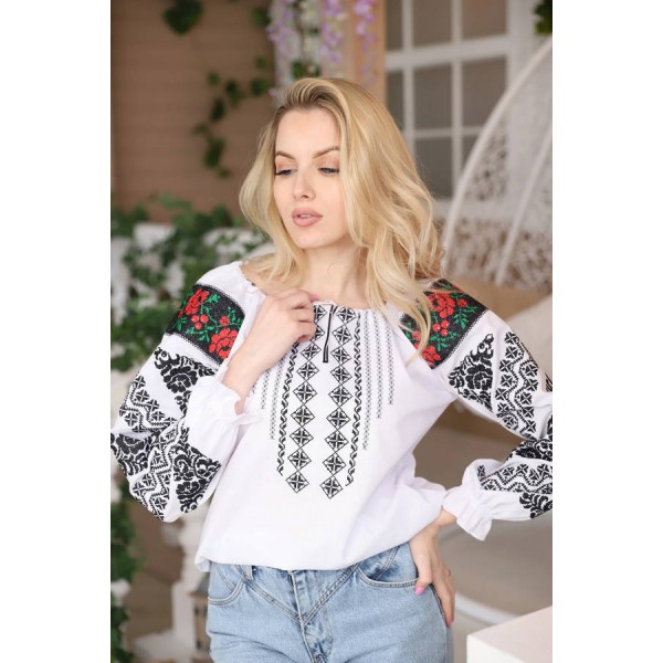 White women's embroidered shirt Anychka with black embroidery