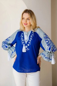 Apollinaria, blue women's embroidered shirt with blue inserts