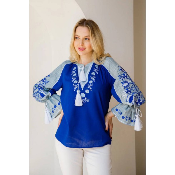 Apollinaria, blue women's embroidered shirt with blue inserts