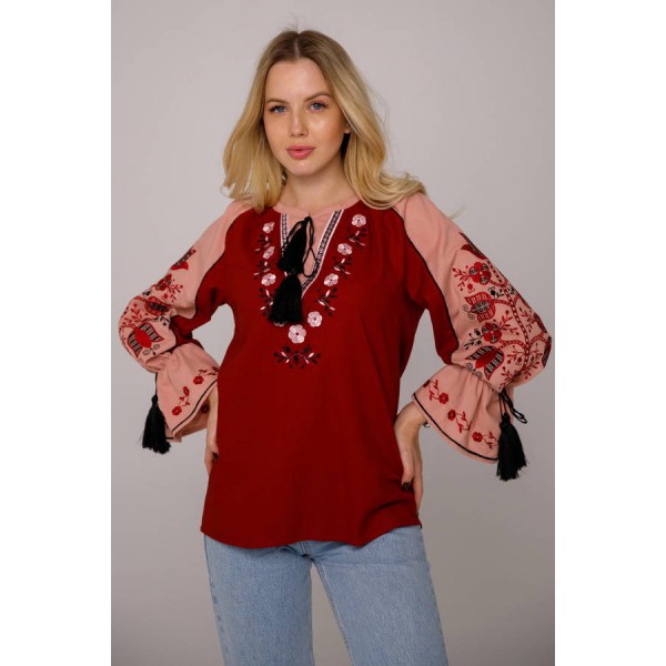 Apollinaria, red women's embroidered shirt with pink inserts