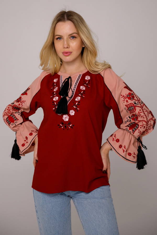 Apollinaria red women's embroidered shirt with pink inserts