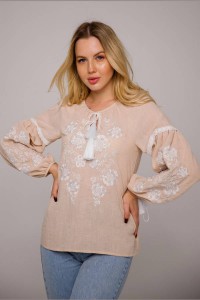 Melissa, women's beige embroidered shirt with white embroidery