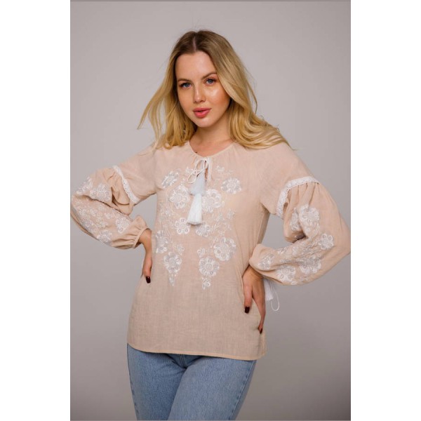 Melissa, women's beige embroidered shirt with white embroidery