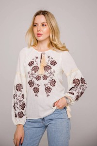 Melissa, women's embroidered milk-colored shirt with brown embroidery