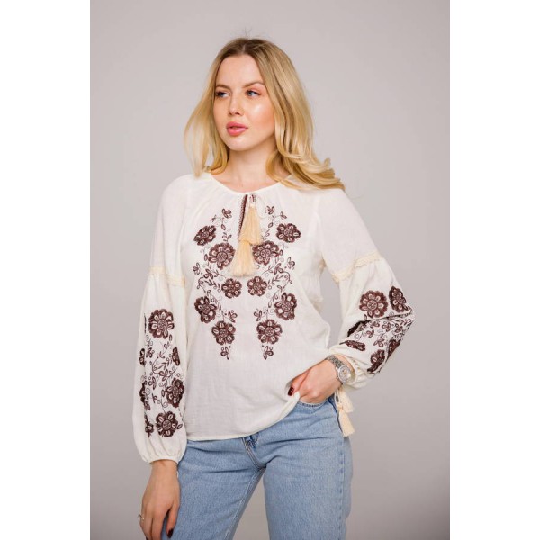 Melissa, women's embroidered milk-colored shirt with brown embroidery