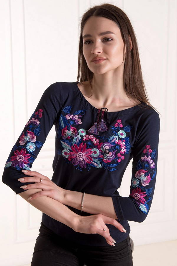Blue women's embroidered shirt vyshyvanka Petrykivka plus