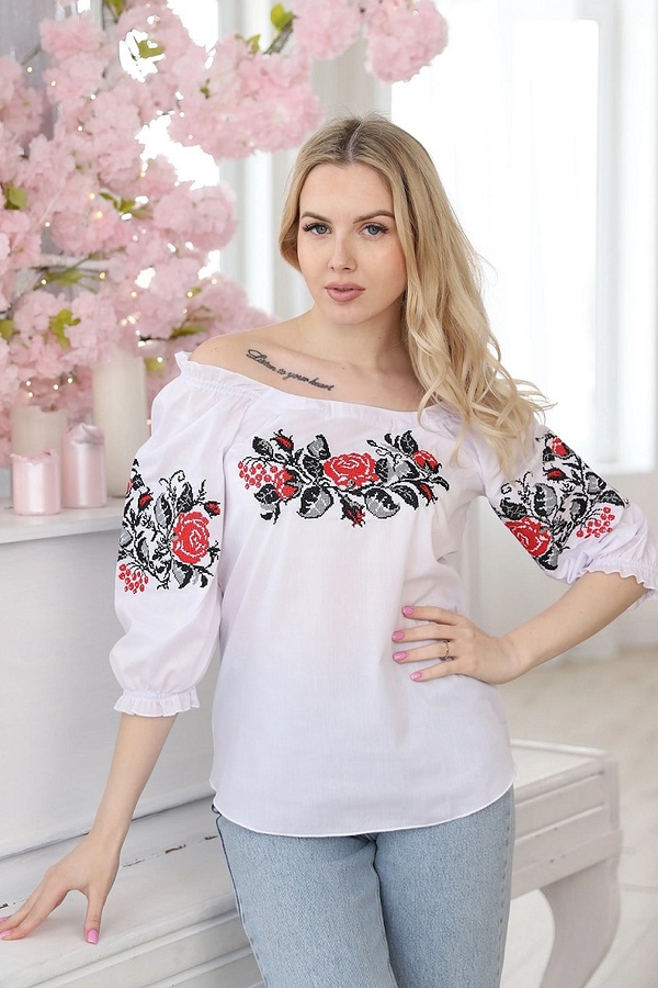 Prestige, embroidered women's poplin blouse with red embroidery, L
