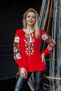 Spring dreams, a red embroidered shirt with white flowers on the sleeves and chest