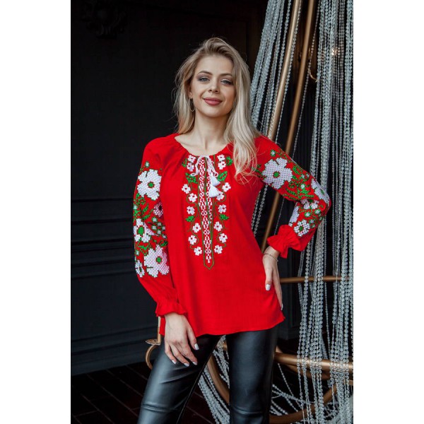 Spring dreams, a red embroidered shirt with white flowers on the sleeves and chest