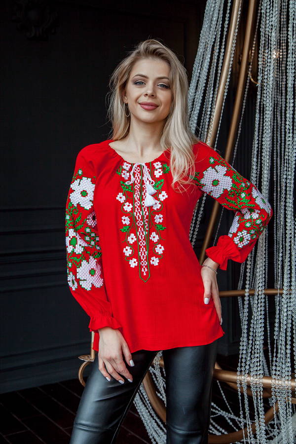 Red vyshyvanka with white flowers on the sleeves and chest "Spring Dreams"
