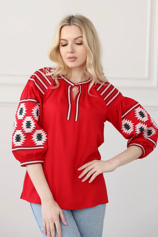 Red "Eneida" embroidered shirt with a pink geometric pattern, L