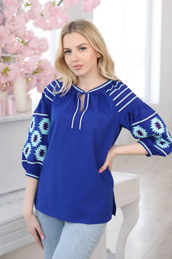 Blue vyshyvanka "Eneida" with a turquoise geometric pattern, L