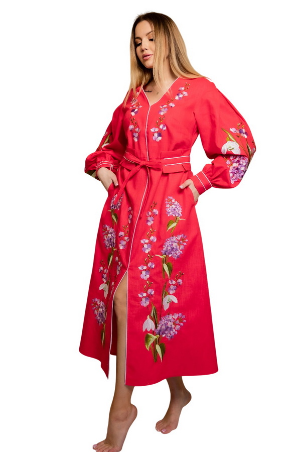 Embroidered dress "Pershotsvit" in coral color, XL