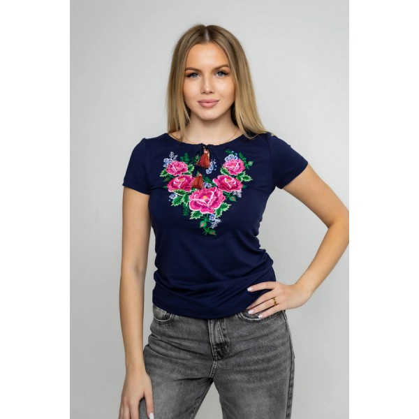 Women's T-shirt with dark-blue embroidery, Wanda