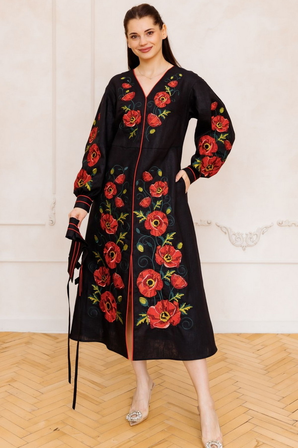 Black embroidered dress Poppy Path, XL