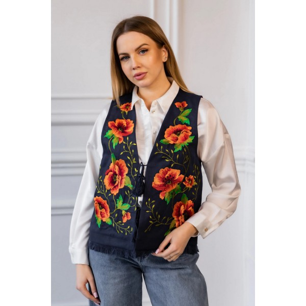 Black vest with geometric embroidery, size XL