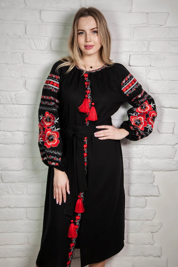 Black dress with embroidery "Fiery Petal",XXL