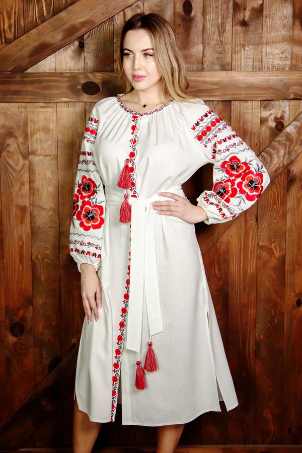 White dress with embroidery "Fiery Petal", XL