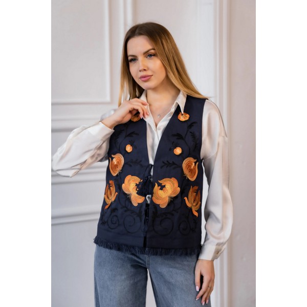 Black vest with geometric embroidery, size XL