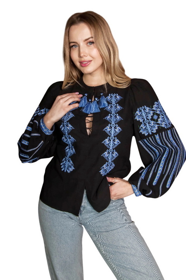 Women's black embroidered shirt with blue embroidery Zalisia