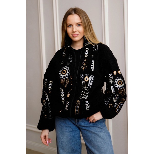 Черный бомбер с вышивкой для женщин (барашек), Люминеска, XL