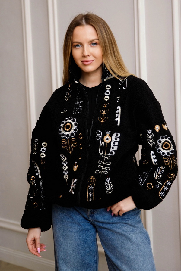 Бомбер жіночий вишитий чорний (баранець), Люмінеска, XL