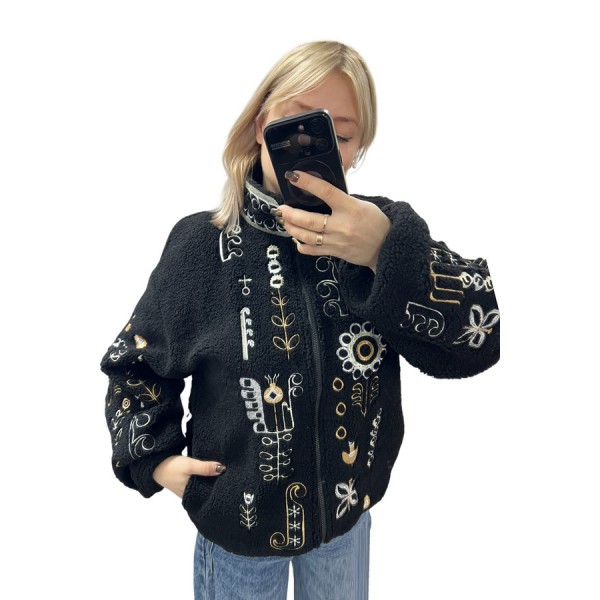 Черный бомбер с вышивкой для женщин (барашек), Люминеска, XL