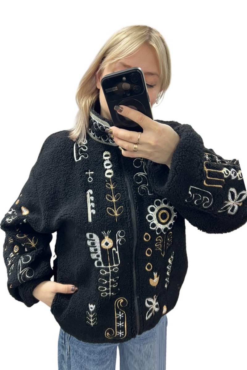 Черный бомбер с вышивкой для женщин (барашек), Люминеска, M