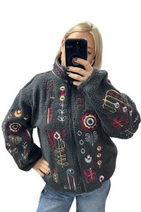 Бомбер жіночий вишитий графітовий (баранець), Люмінеска, XXL