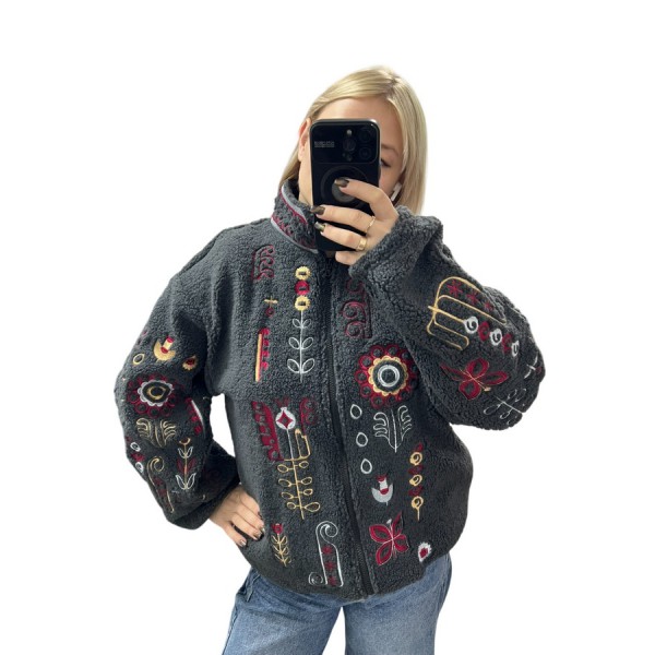 Графитовый бомбер с вышивкой для женщин (барашек), Люминеска, L