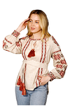 Олеся вышиванка женская бежевая (меланж) с красным