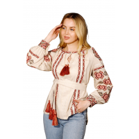 Олеся, вышиванка женская, бежевая (меланж) с красным