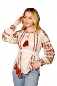 Олеся, вишиванка жіноча, бежева (меланж)  з червоним