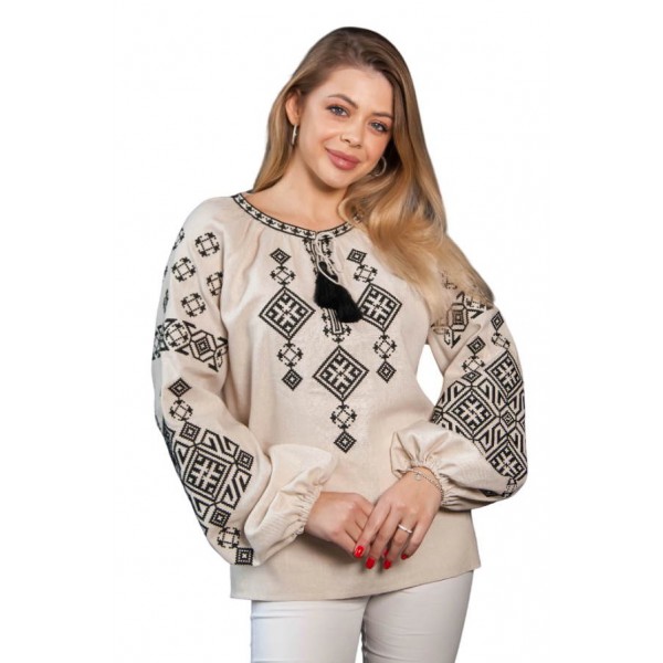 Beige women's embroidered shirt with black embroidery Runa, XXL