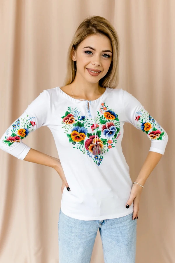 Women's embroidered shirt - Anyutka, 3/4 sleeve, white, XL