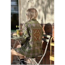 Women's khaki checked shirt with embroidery on the back
