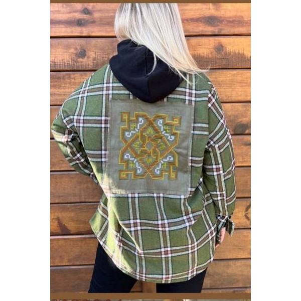 Women's khaki checked shirt with embroidery on the back