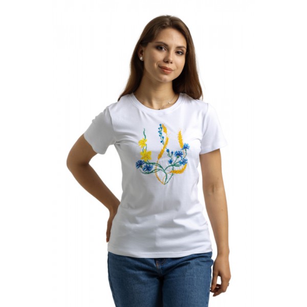 Patriotic t-shirt with embroidered trident and ears of wheat.