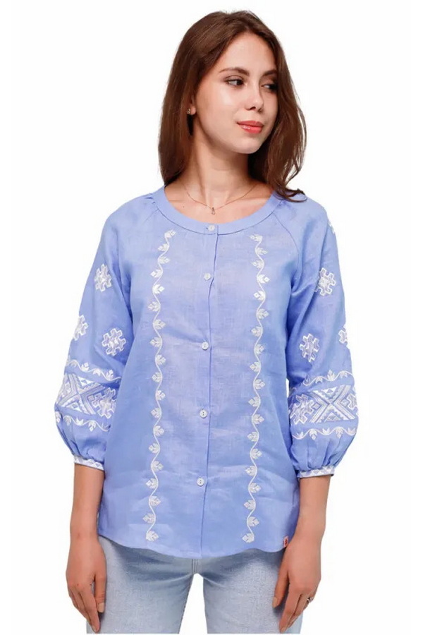 Women's embroidered shirt made of blue linen by Rostyslav, 48