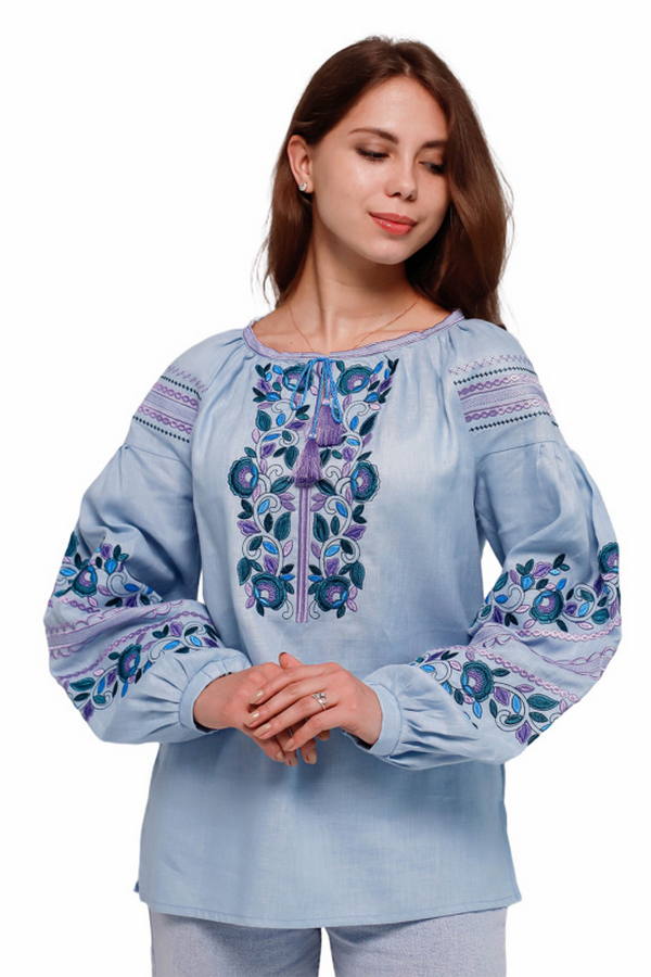 Blue women's linen vyshyvanka "Vitana" with satin-stitch embroidery