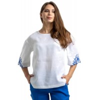 White linen blouse with blue embroidery Thea