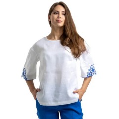 White linen blouse with blue embroidery Thea