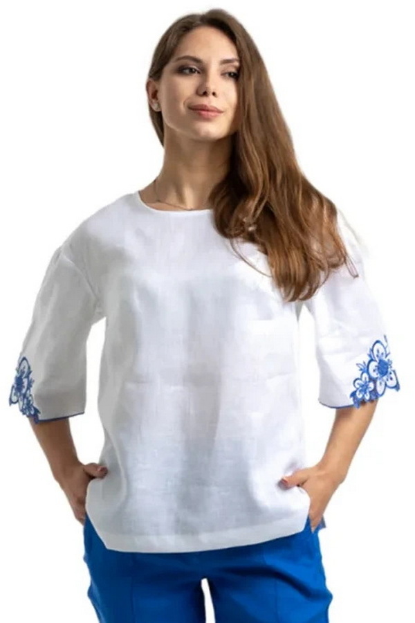 White linen blouse with blue embroidery "Teya" 