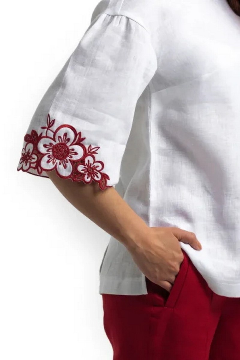 White linen blouse with cherry embroidery Teia
